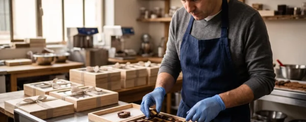 Un chocolatier dispose des chocolats artisanaux dans un coffret cadeau en bois dans son atelier.