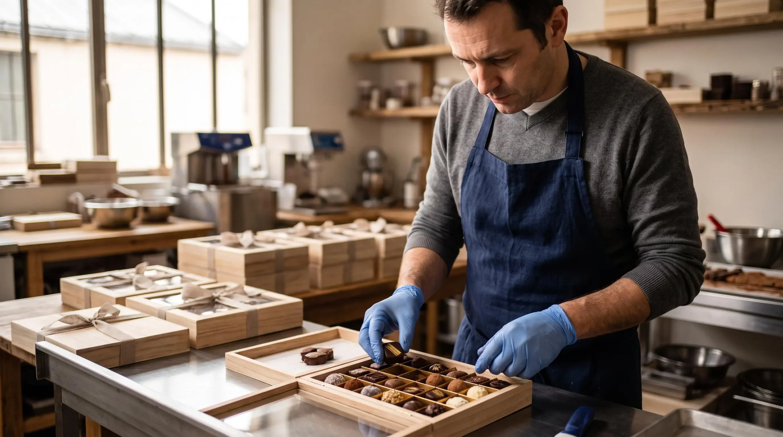 Un chocolatier dispose des chocolats artisanaux dans un coffret cadeau en bois dans son atelier.