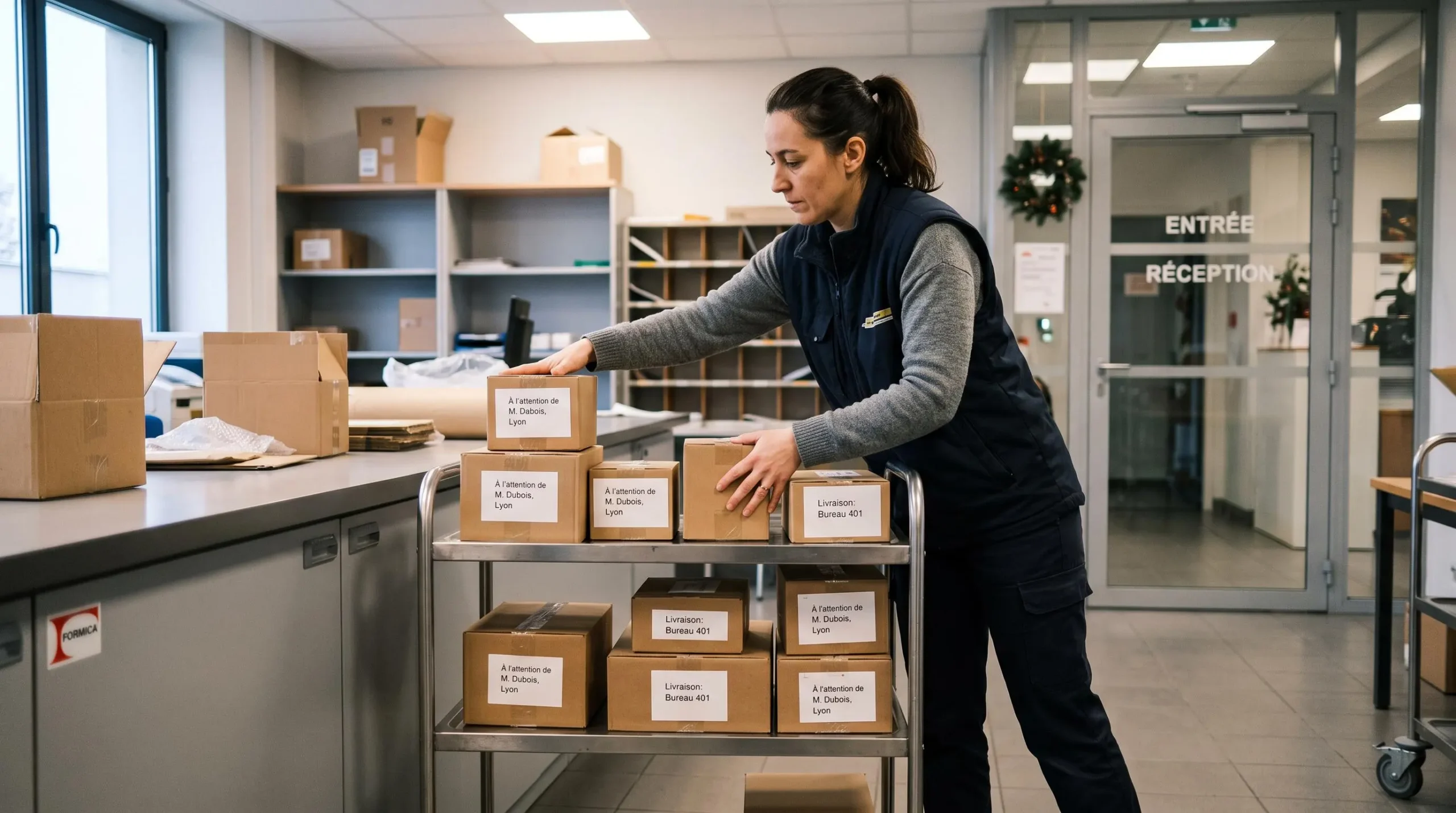 Un employé prépare des colis individuels de coffrets chocolat sur un chariot dans un local d'entreprise.