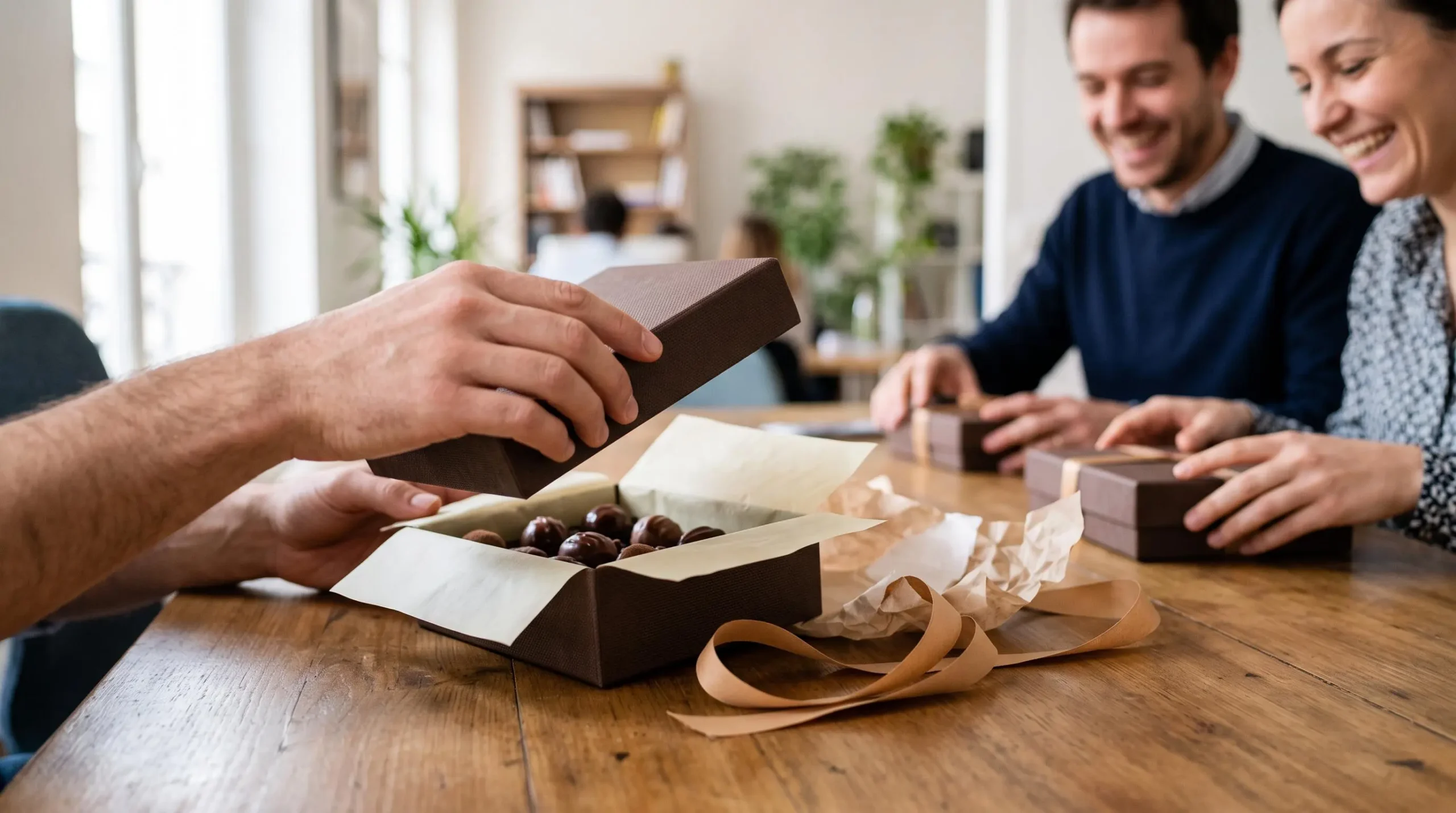 Des salariés ouvrent un coffret de chocolats reçu en cadeau lors d'un moment convivial au bureau.